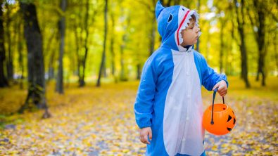 A boy dressed  in a shark costume for halloween with a pumpkin bucket