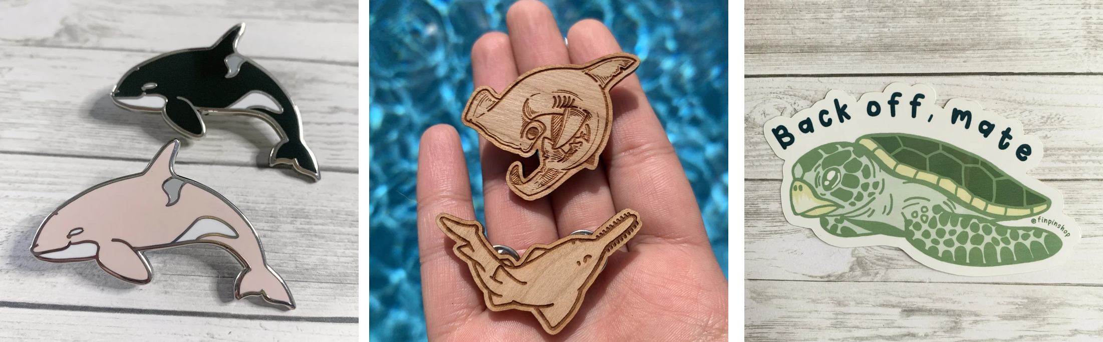 orca and shark pins, a turtle sticker