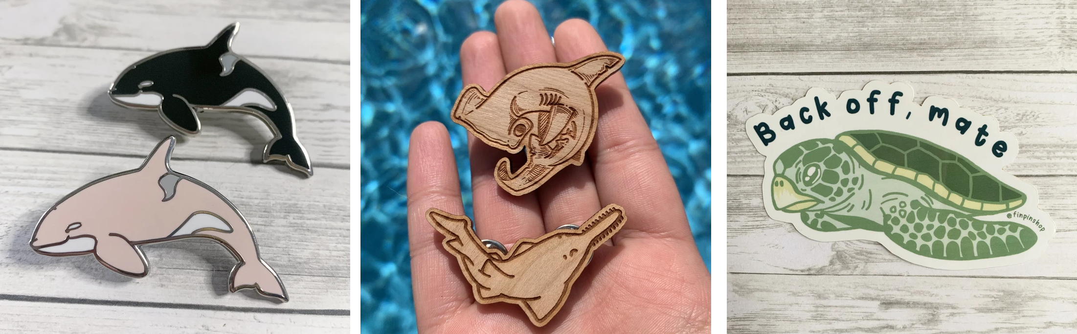 pins de orca e tubarão, um adesivo de tartaruga