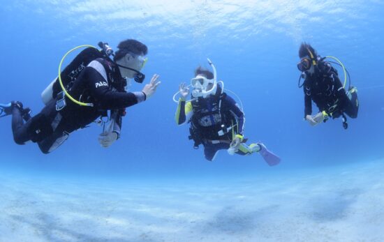 Instructor and student diver communicating with hand signal underwater