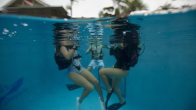 Divers taking a scuba course in the pool.