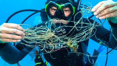 A diver holds up line that was entangled on coral