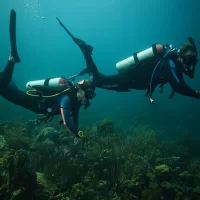 two divers swim underwater in Curacao using good trim