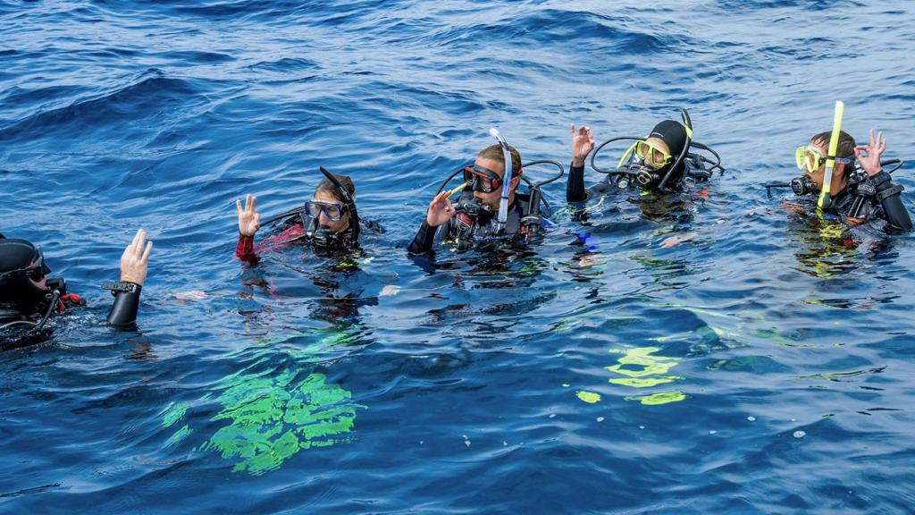 A divemaster and a group of divers at the surface signal "okay" to each other