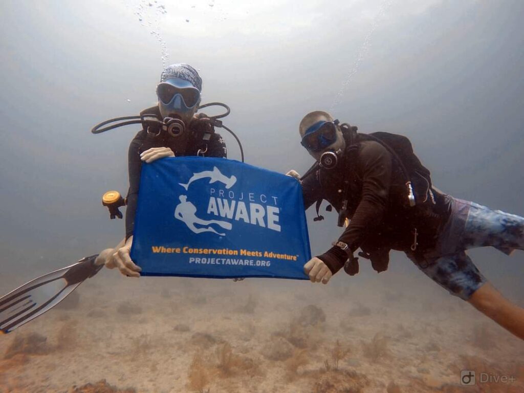 Two divers hold up a sign for PADI Aware while floating in the water column