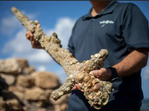 A man holds a crusader's sword encrusted with marine life