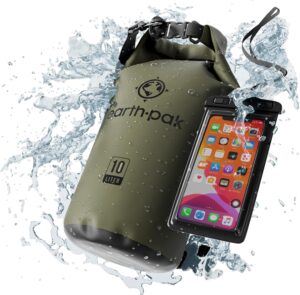 Olive Green dry bag next to a waterproof phone case, both splashed by water