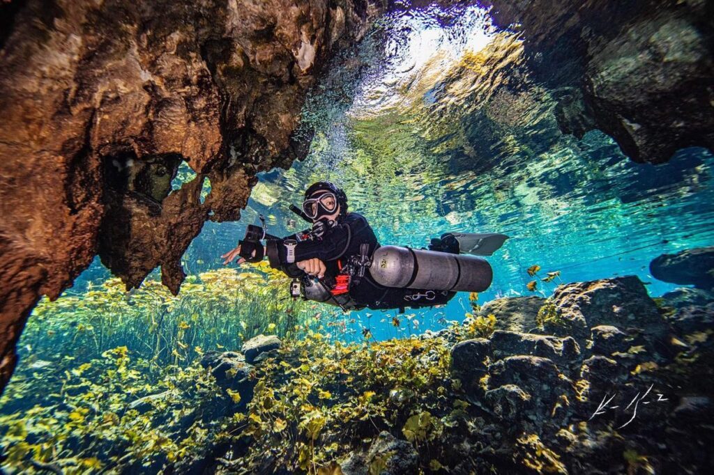 A diver in red and black with sidemounted tanks floats in a cave, with green plants and algae in the background.