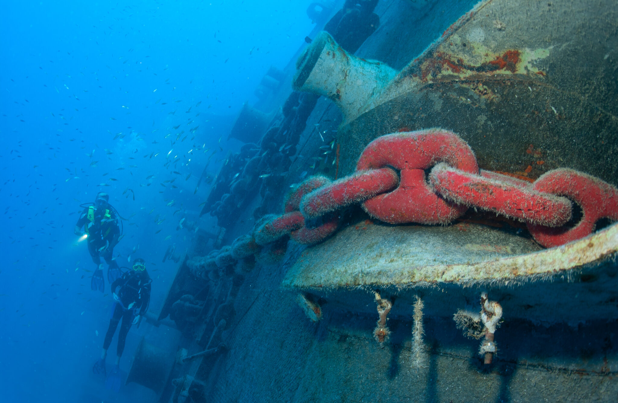 A shipwreck sits sideways underwater.