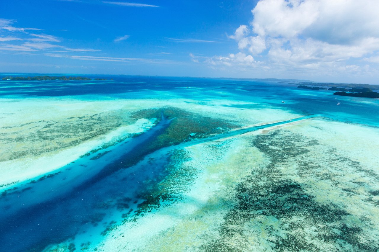 An aerial view of the German Channel dive site in Palau