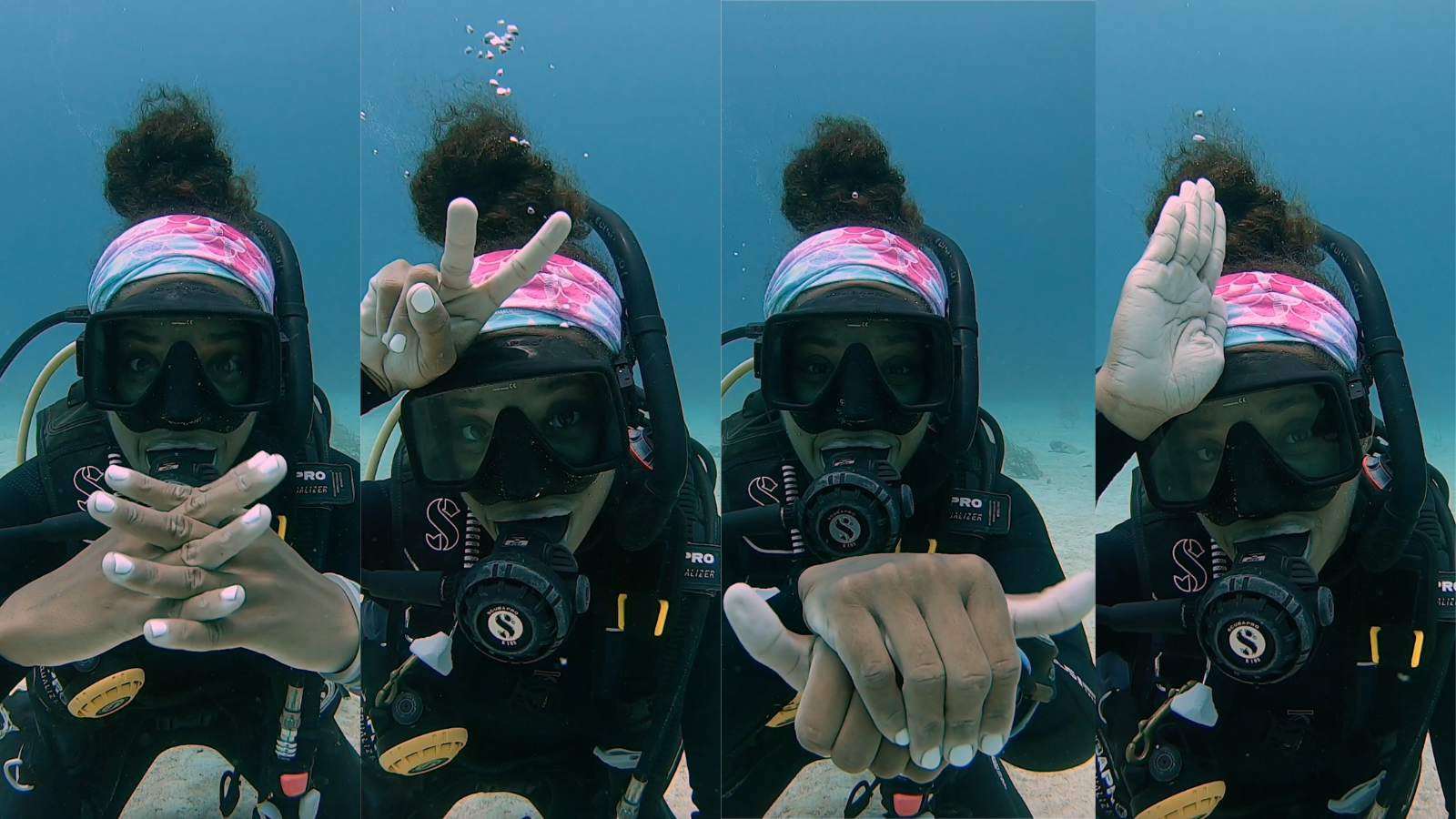 A collage of a female diver demonstrating the signs for four different types of marine life including shark and turtle
