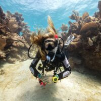 a female diver floats in a shallow underwater canyon