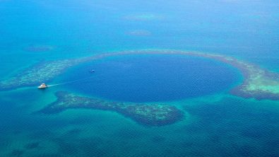 Airplane view of the great blue hole in Belize