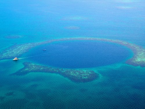 Airplane view of the great blue hole in Belize