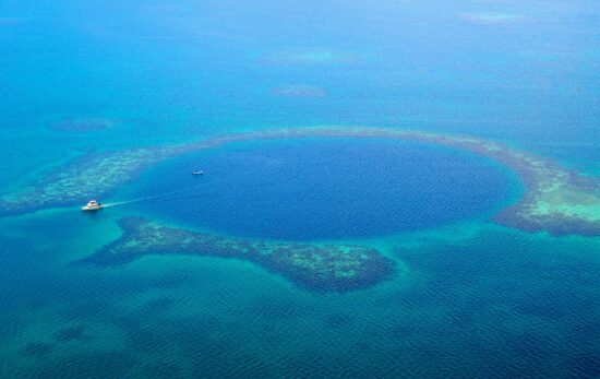 Airplane view of the great blue hole in Belize