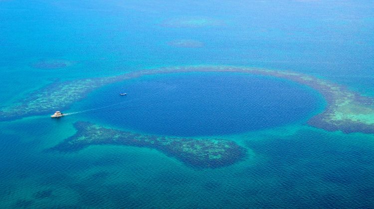 Airplane view of the great blue hole in Belize