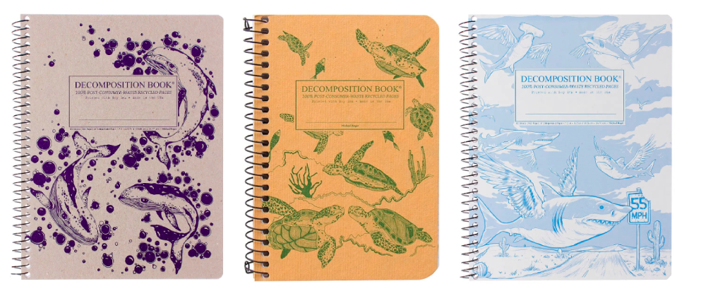 Decomposition Books with whale, turtle, and shark cover designs, which are one of our favorite eco-friendly school ideas