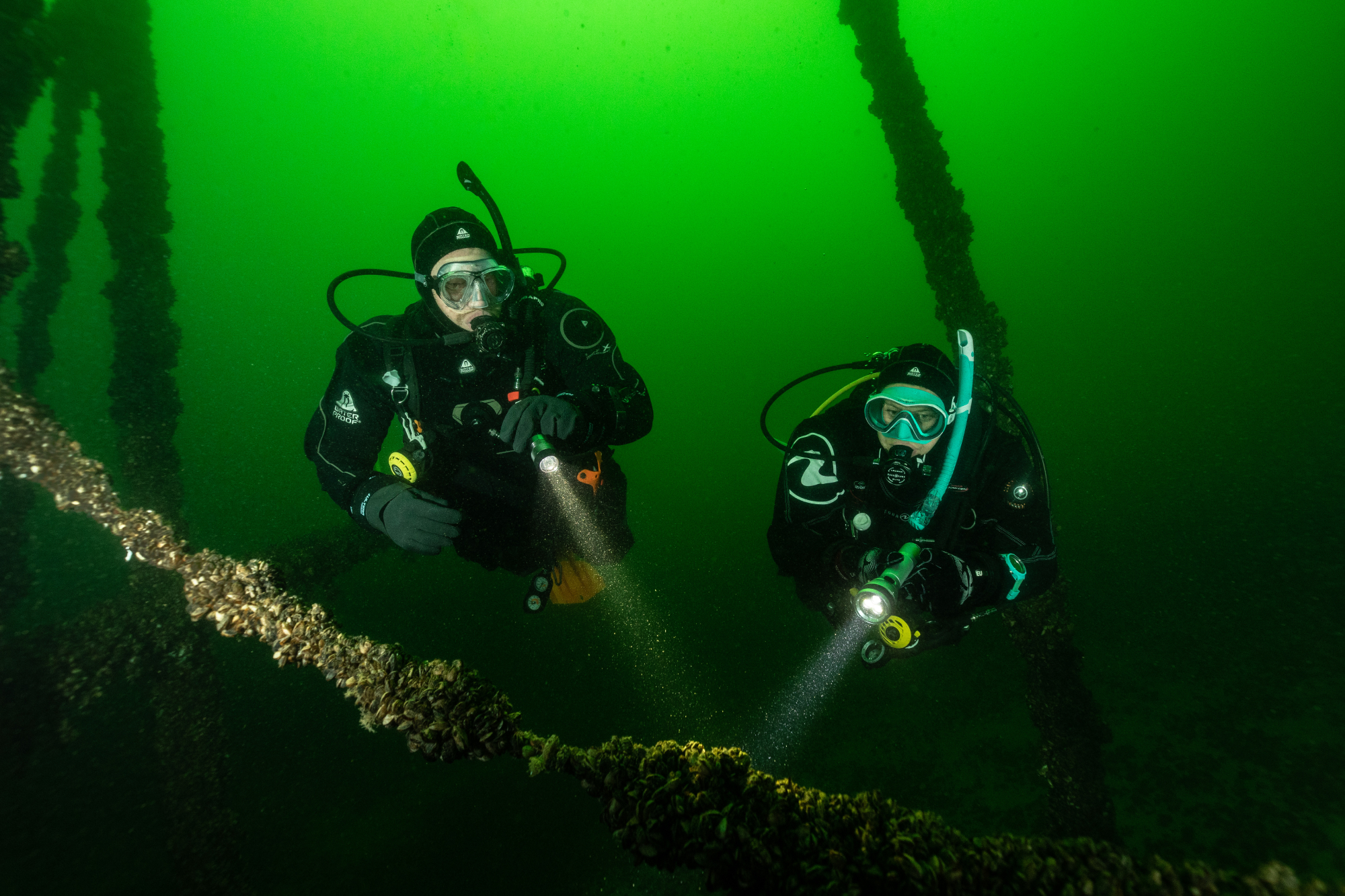 Two scuba divers making a cold water dive in drysuits who know the answer to 'do dry suits actually keep you dry underwater'