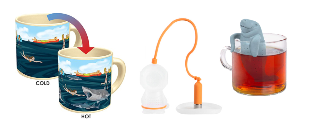 Ocean-themed infusers and a shark mug - examples of some of the best eco-friendly office supplies and drinkware for divers