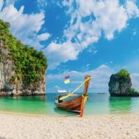 Panorama amazed nature scenic landscape Ko Hong with boat for traveler, Attraction famous landmark tourist travel Phuket Thailand beach summer vacation trips, Tourism beautiful destination place Asia