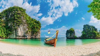 Panorama amazed nature scenic landscape Ko Hong with boat for traveler, Attraction famous landmark tourist travel Phuket Thailand beach summer vacation trips, Tourism beautiful destination place Asia