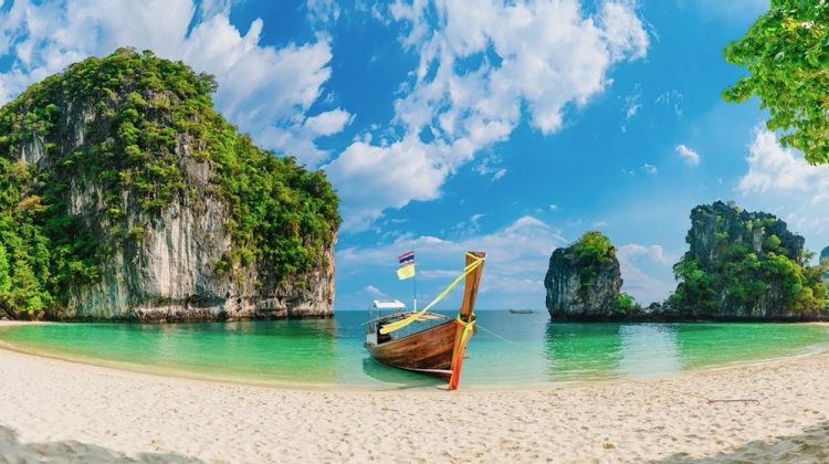 Panorama amazed nature scenic landscape Ko Hong with boat for traveler, Attraction famous landmark tourist travel Phuket Thailand beach summer vacation trips, Tourism beautiful destination place Asia