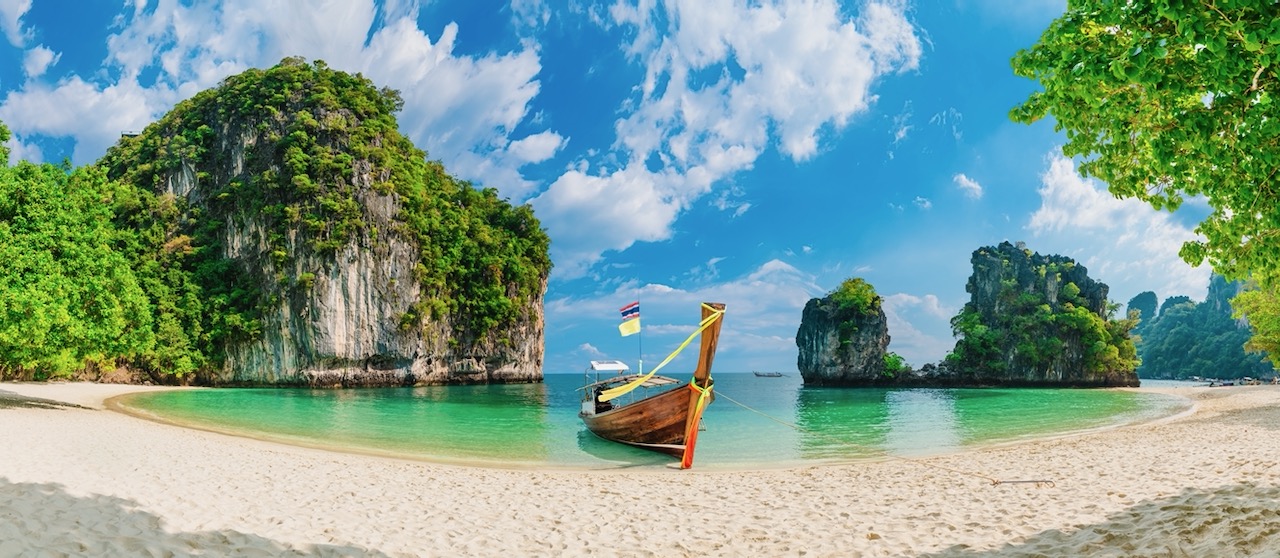 Panorama amazed nature scenic landscape Ko Hong with boat for traveler, Attraction famous landmark tourist travel Phuket Thailand beach summer vacation trips, Tourism beautiful destination place Asia