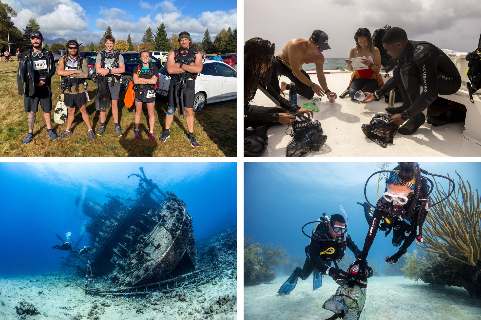 4 images showing scuba divers taking conservation actions above and below the surface