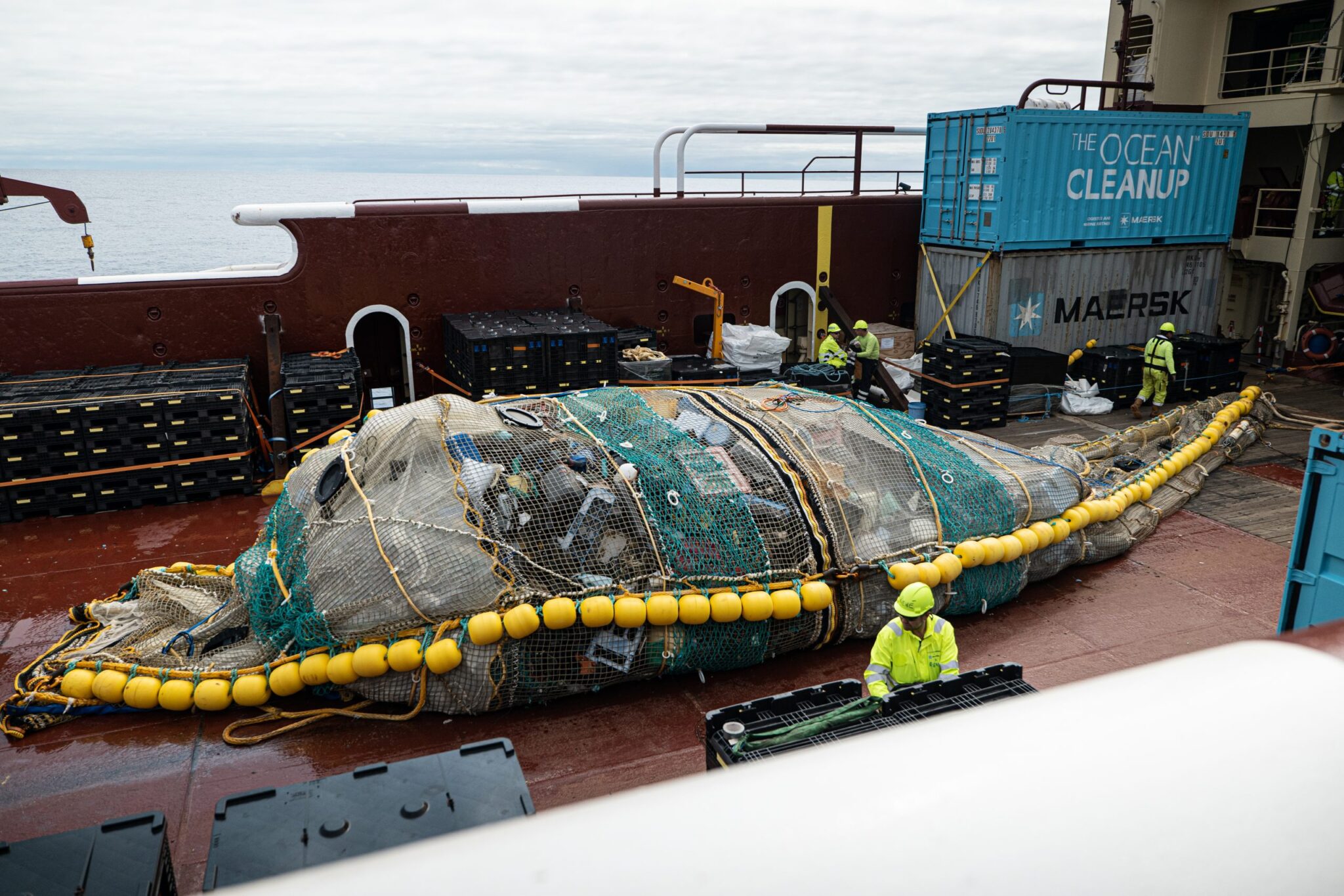 A net full of plastic pollution collectedfrom the ocean sits on a ship belonging to The Ocean Cleanup
