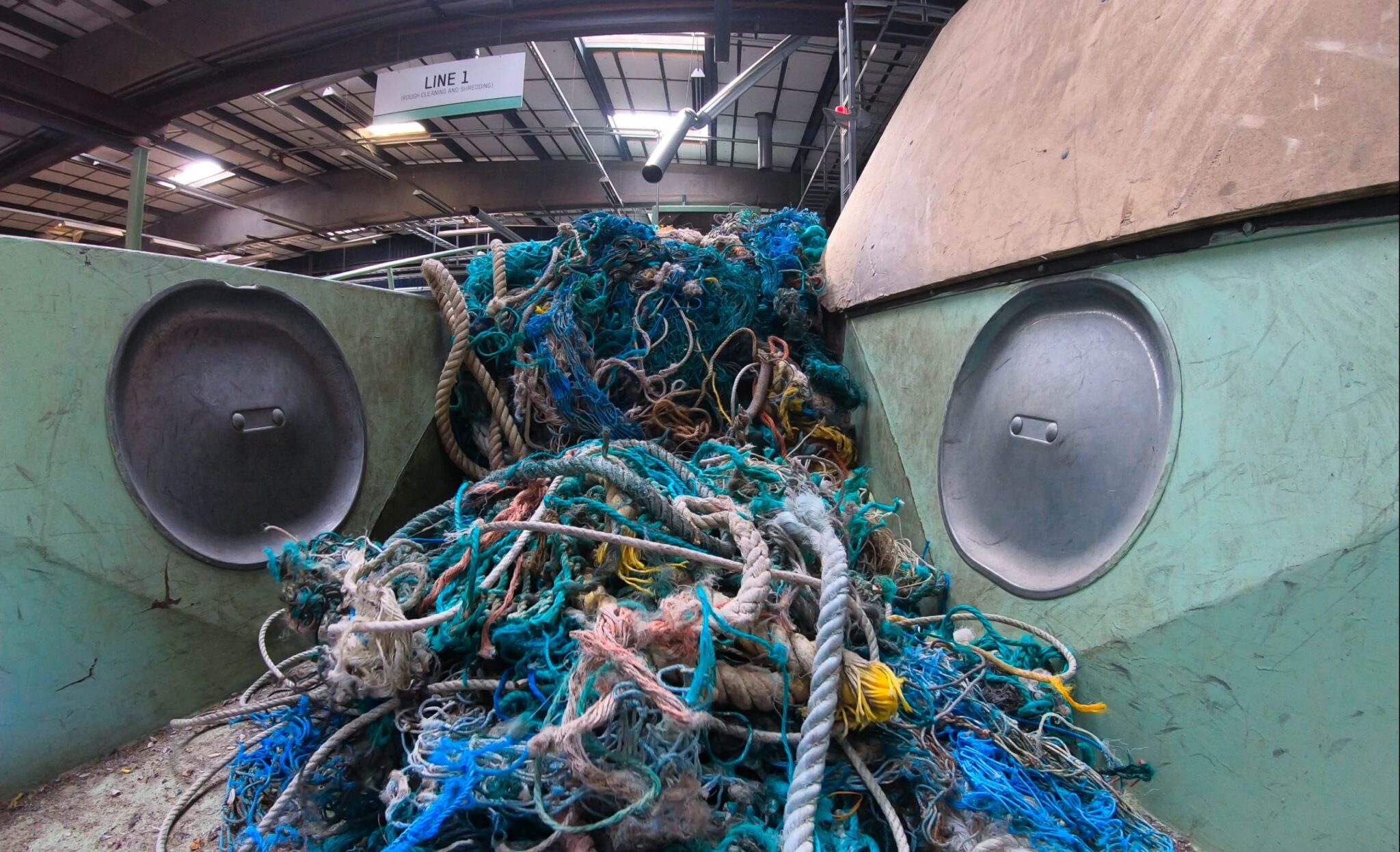 Ghost nets await processing into recycled plastic granulate