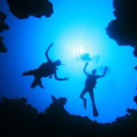 two scuba divers descend from above