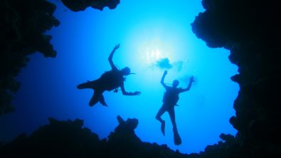 two scuba divers descend from above