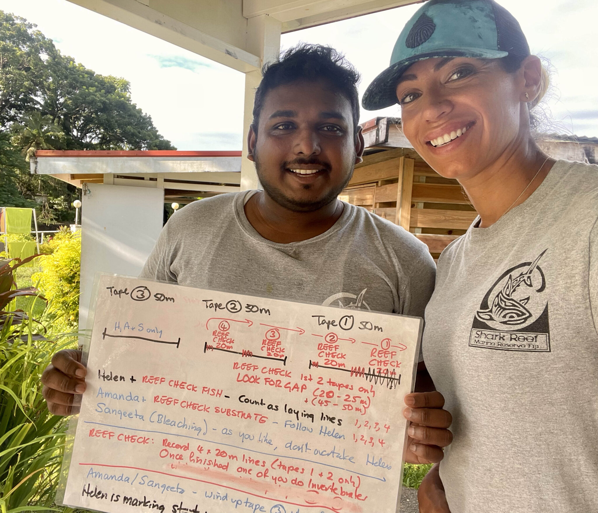 A man and a woman hold up a whiteboard with the results of their benthic survey
