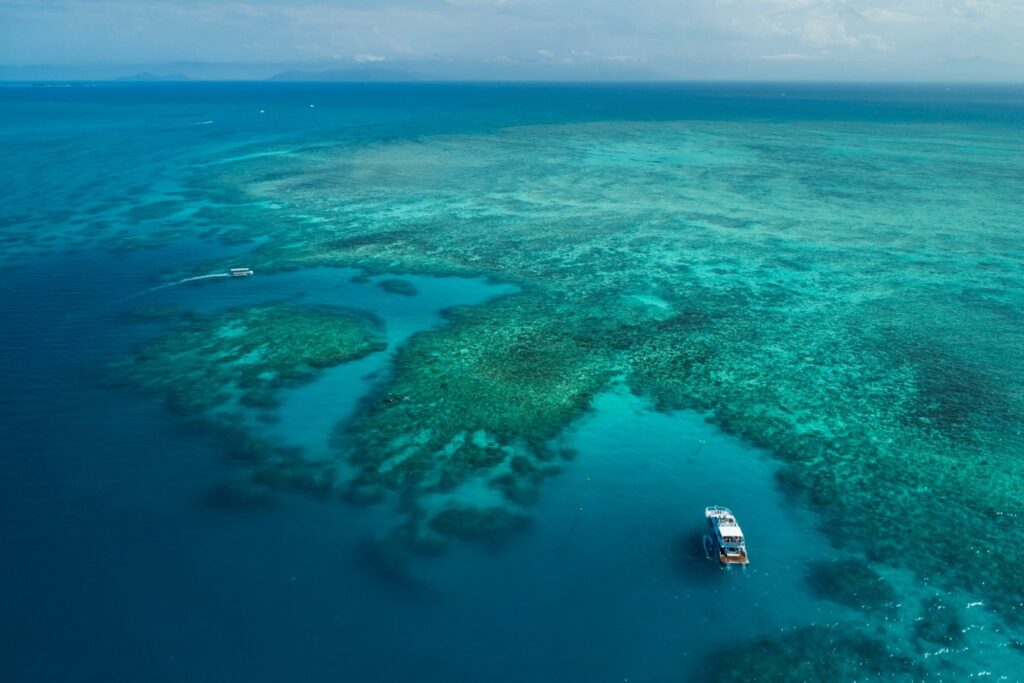 drone aerial view of the boat on the great barrier reef