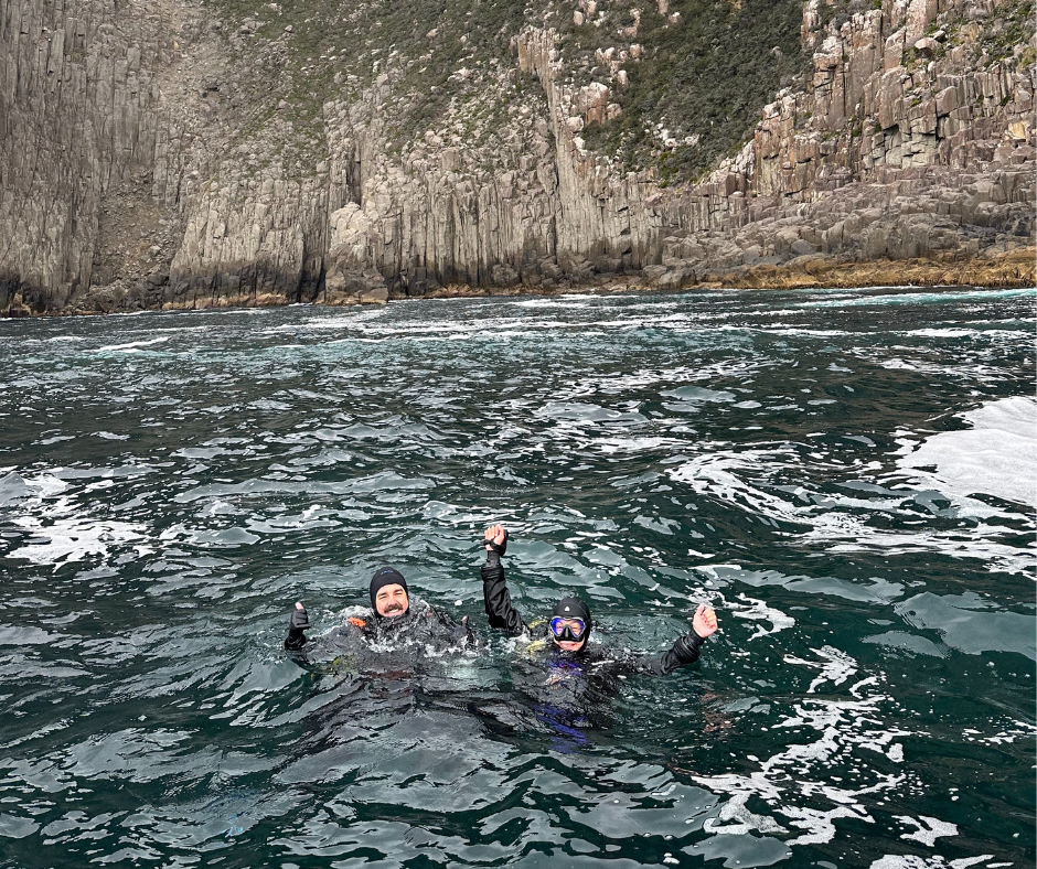 Millie Mannering and PADI Dive Instructor Matt Testoni were ecstatic after completing a deep dive underneath the gigantic sea cliffs of Tasmania.
