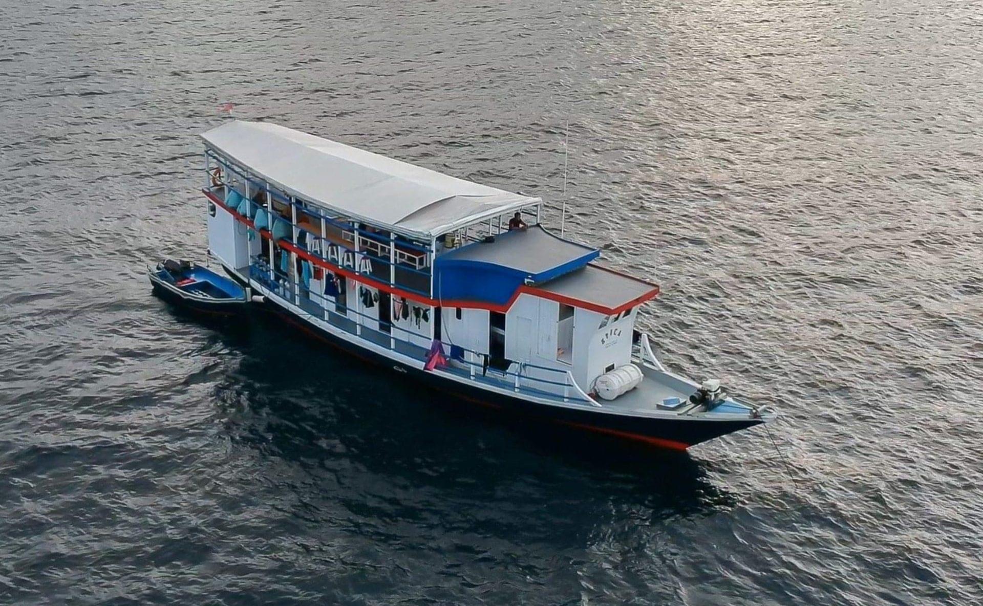 an aeiral view of the Epica, a scuba liveaboard boat in Indonesia