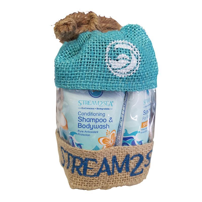 a gift set of stream2sea products in a clear bag