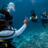 PADI Pro leading students during a dive, checking on them and giving the okay hand signal