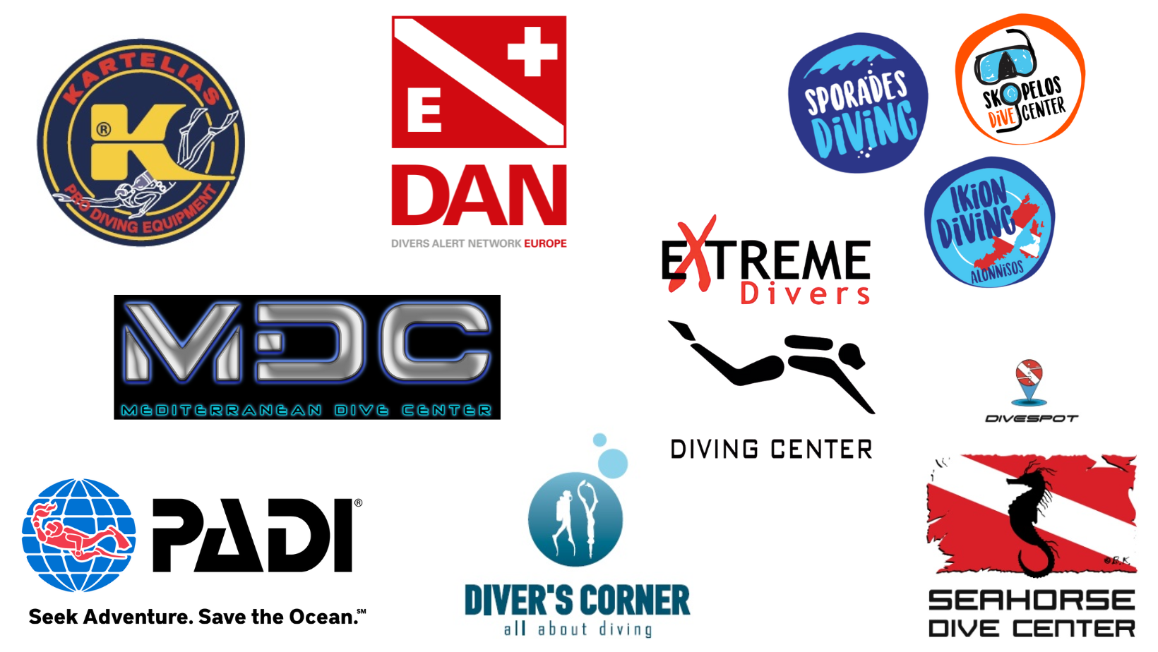 logos of partners that will be presenting alongside PADI at the Natex expo