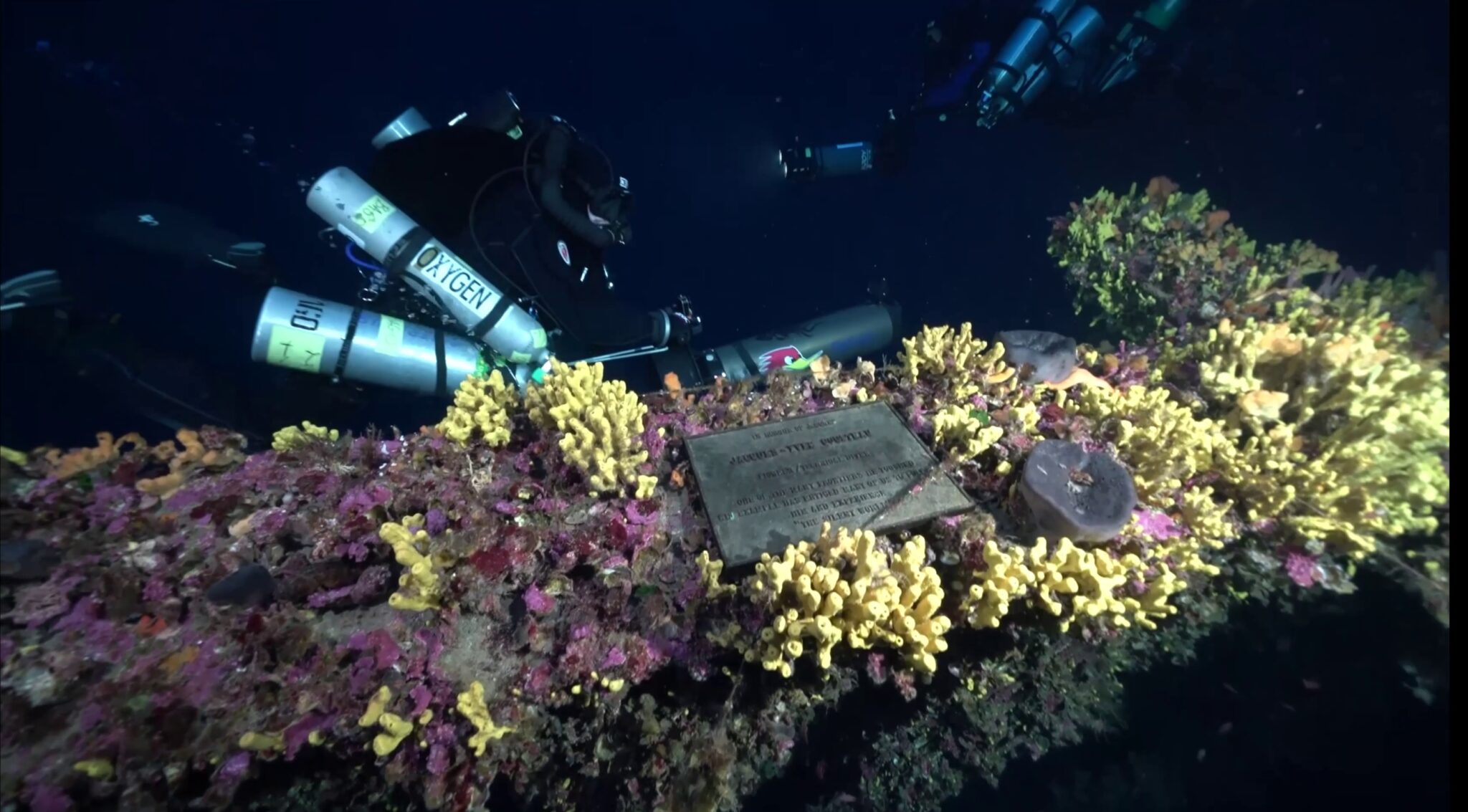 A plate signifying the discovery of this wreck by Jacques Cousteau is pictured as displayed on the Brittanic Shipwreck in Greece
