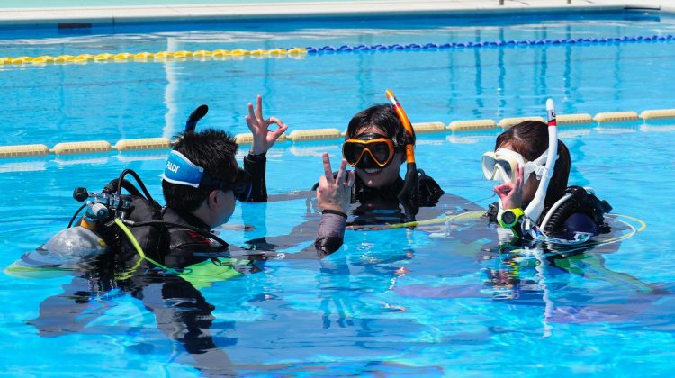Students learning scuba diving skills in confined water during a PADI Open Water Diver course
