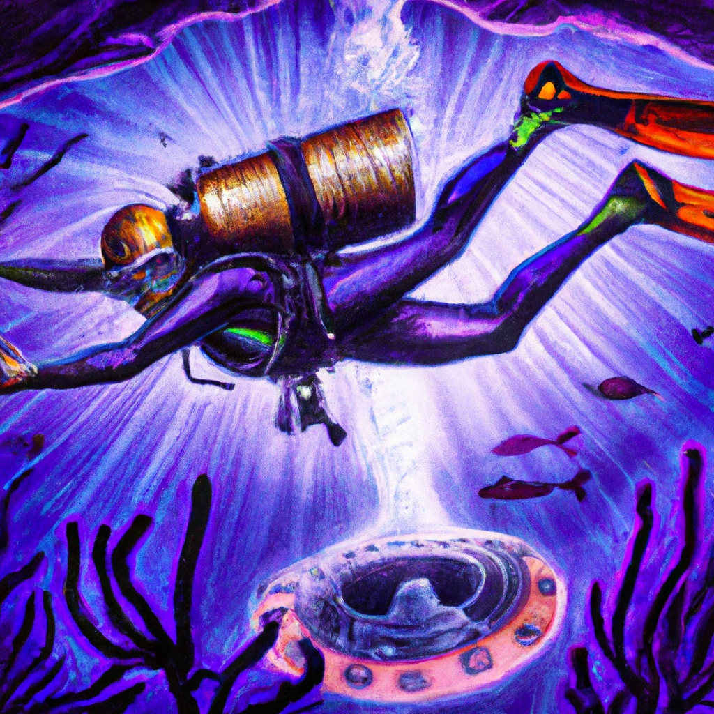 A mural of a UFO underwater with a scuba diver above it.