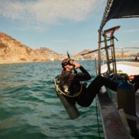 a diver safely rolls backwards off a boat in cabo san lucas, mexico