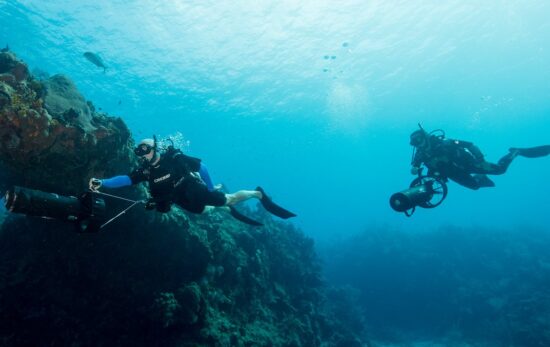 two divers use dpvs to explore a coral reef