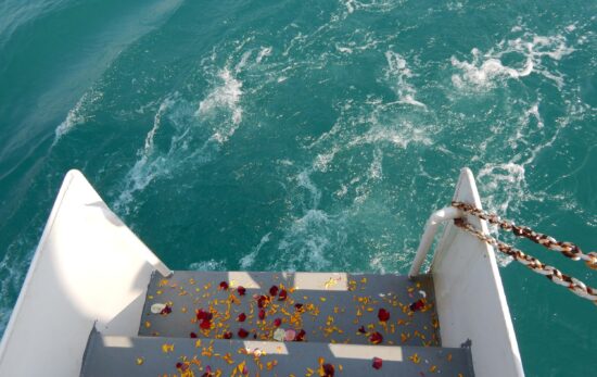 Flower petals scattered down the back steps of a boat loading to the ocean for a memorial