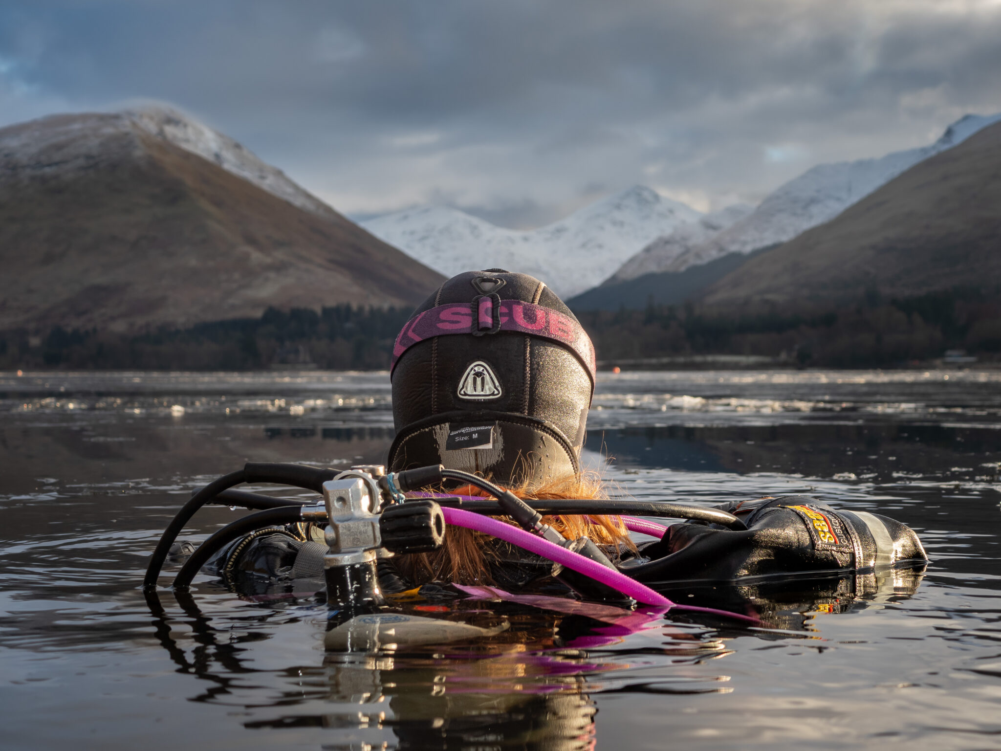 Diver on the surface of a loch surrounded by broken ice looking out over mountains peaked with snow.