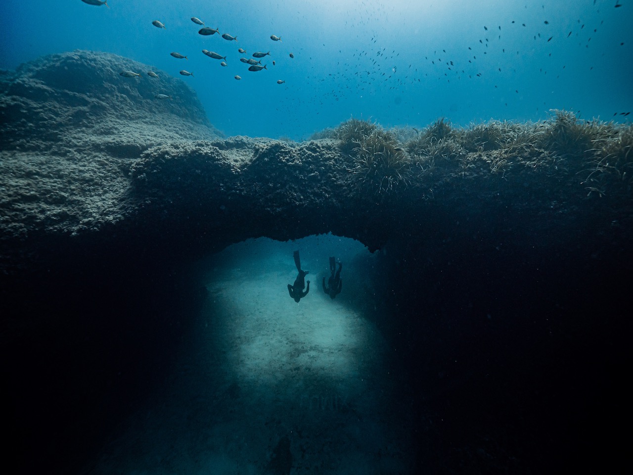 two divers go under an underwater arch