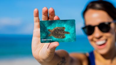 A female diver holding up a certification with a sea turtle on it