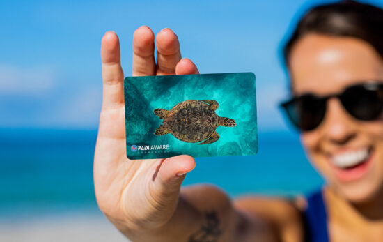 A female diver holding up a certification with a sea turtle on it