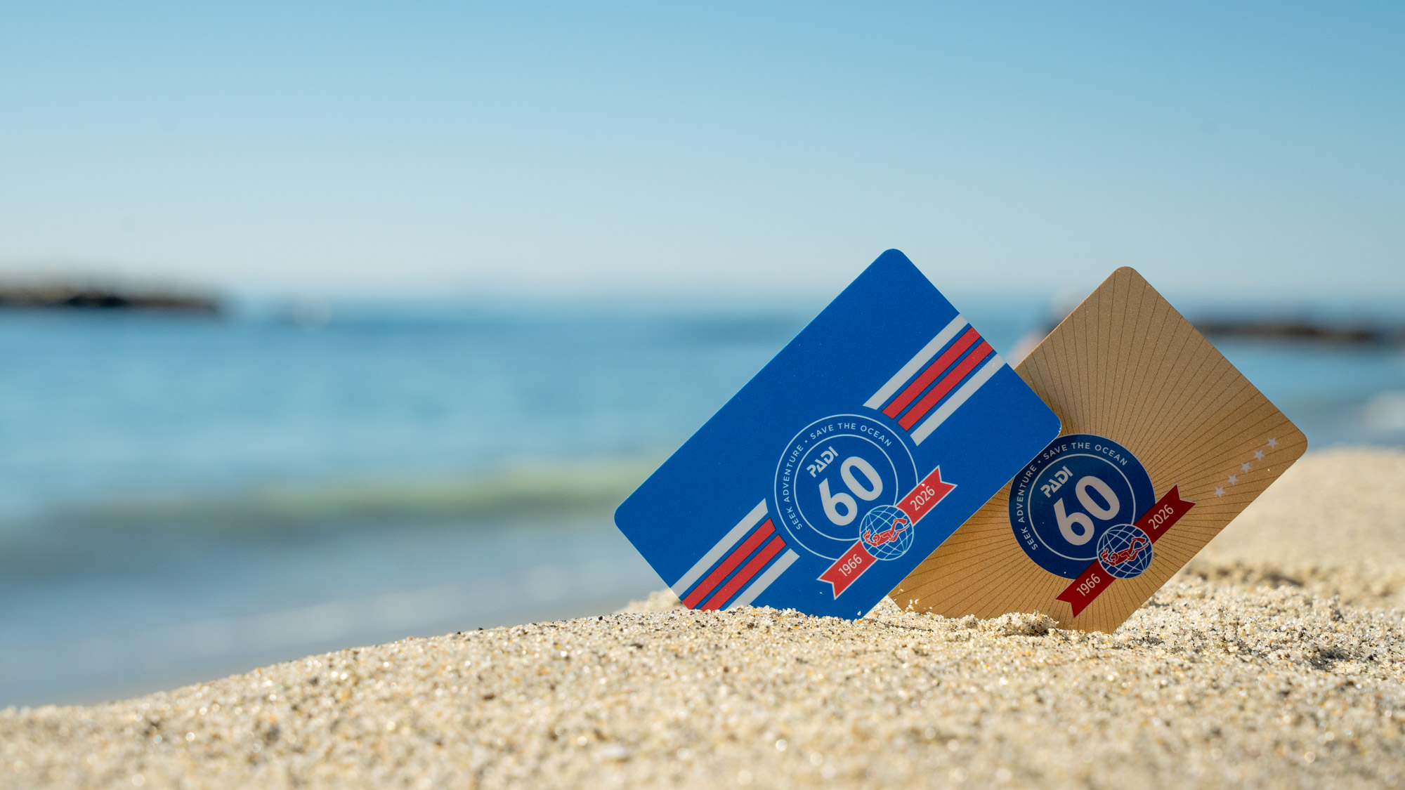 Two certification cards showing PADI's 60th anniversary logo propped up on the sand